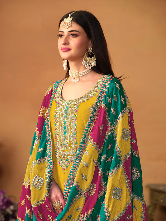Mustard Chinon Embroidered Designer Salwar Kameez