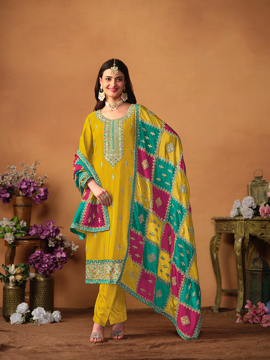 Mustard Chinon Embroidered Designer Salwar Kameez