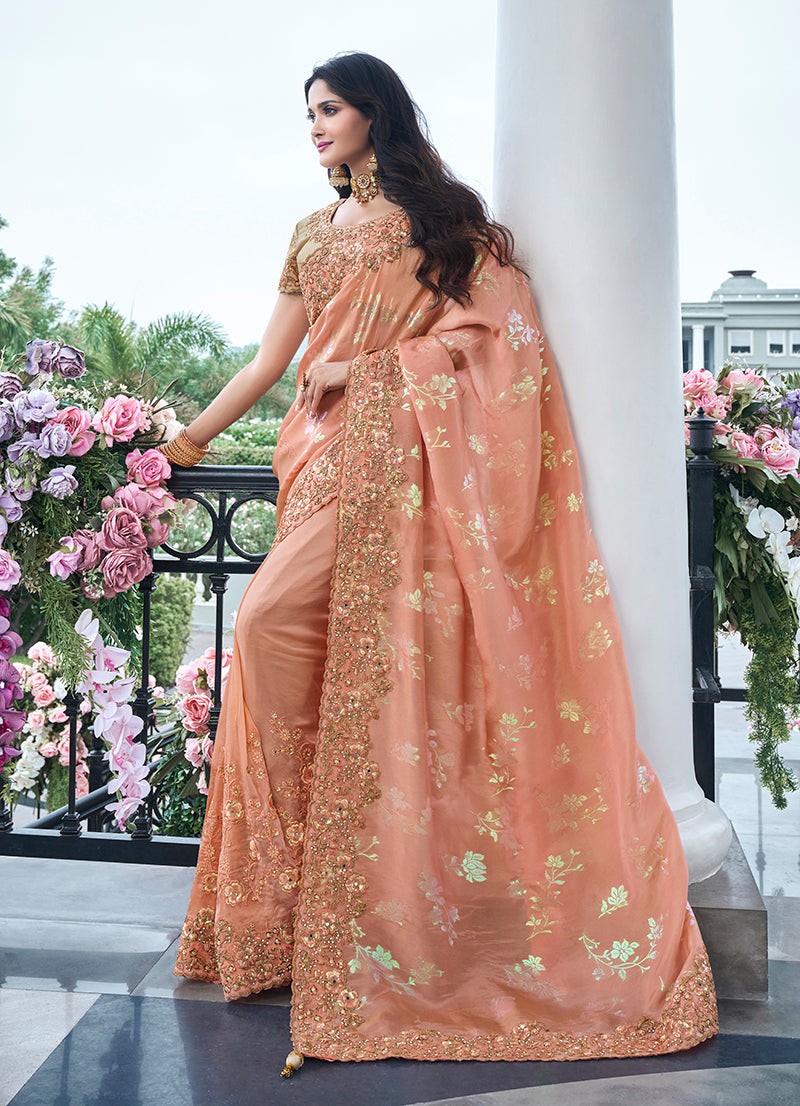 Peach Viscose Silk Zari Embroidered Border Saree