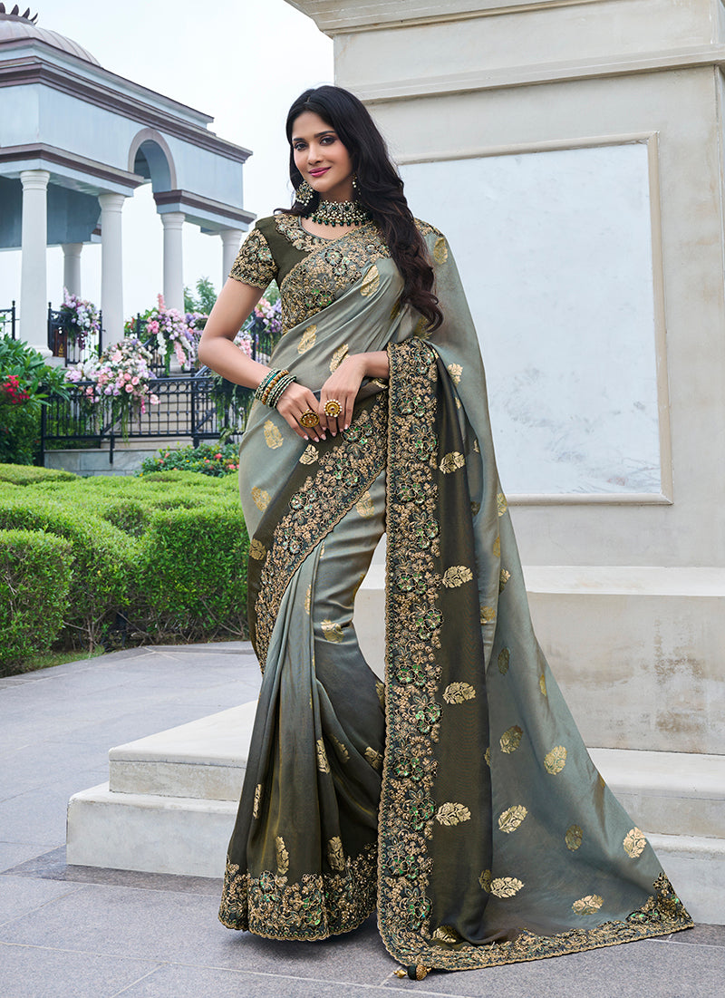 Grey Viscose Silk Zari Embroidered Saree