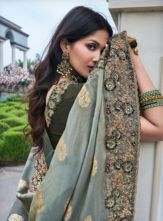 Grey Viscose Silk Zari Embroidered Saree