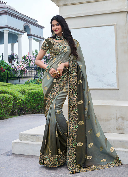 Grey Viscose Silk Zari Embroidered Saree