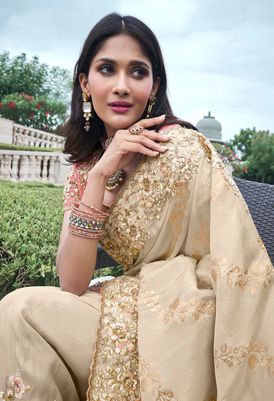 Cream Viscose Silk Zari Embroidered Saree