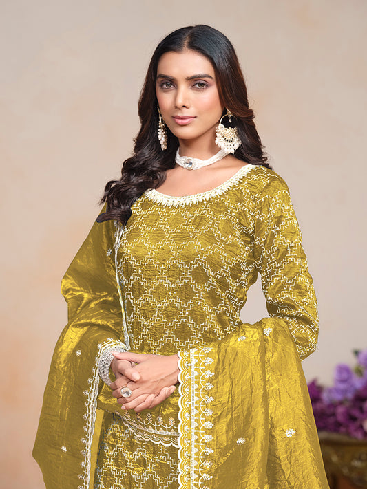 Mustard Gold Crush Sequins Work Designer Palazzo Suit
