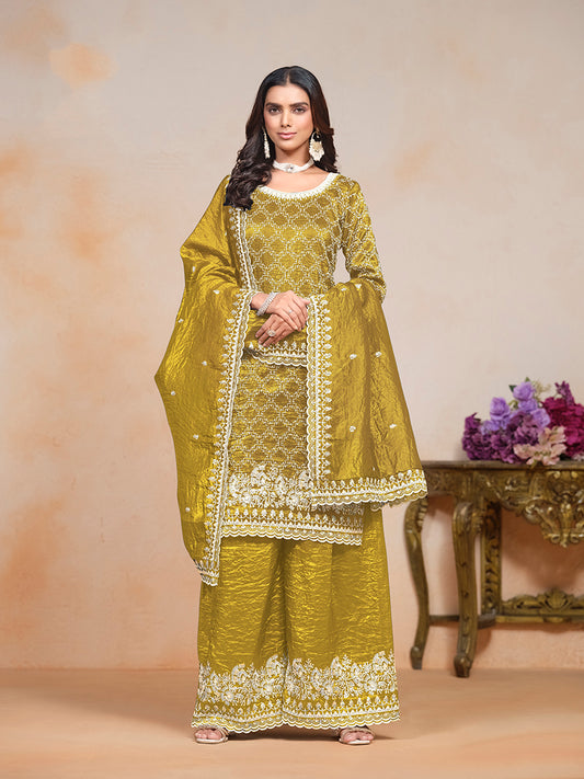 Mustard Gold Crush Sequins Work Designer Palazzo Suit