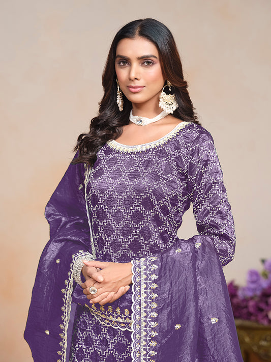 Violet Gold Crush Sequins Work Designer Palazzo Suit