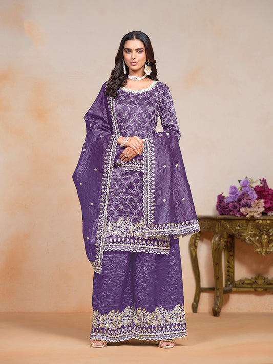 Violet Gold Crush Sequins Work Designer Palazzo Suit