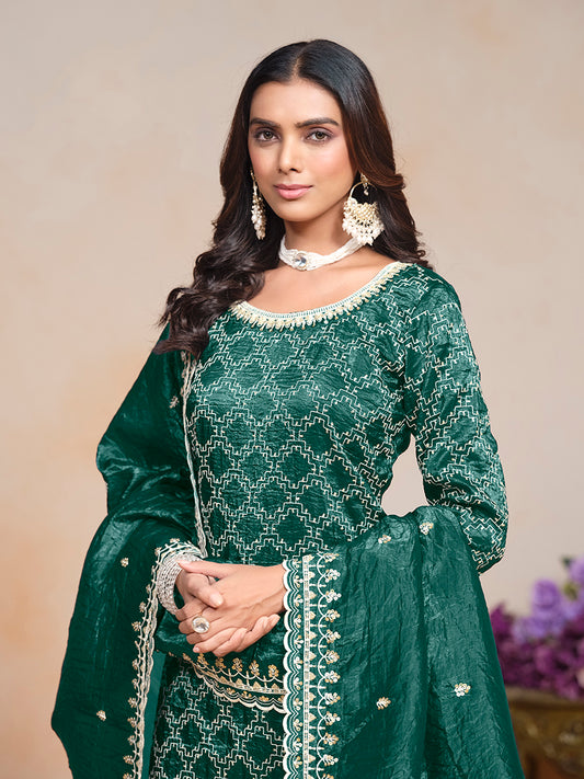 Teal Green Gold Crush Sequins Work Designer Palazzo Suit