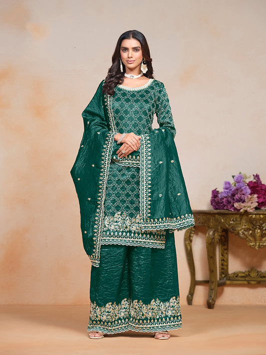 Teal Green Gold Crush Sequins Work Designer Palazzo Suit