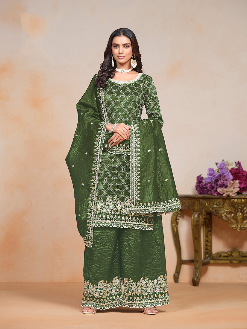Mehendi Green Gold Crush Sequins Work Designer Palazzo Suit