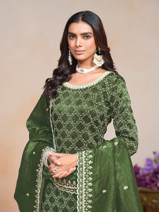 Mehendi Green Gold Crush Sequins Work Designer Palazzo Suit