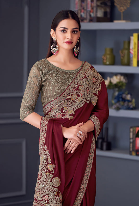 Wine Satin Silk Embroidered  Saree