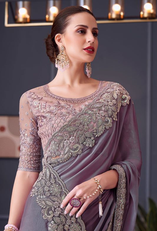 Lavender Chiffon Silk Embroidered Traditional Saree