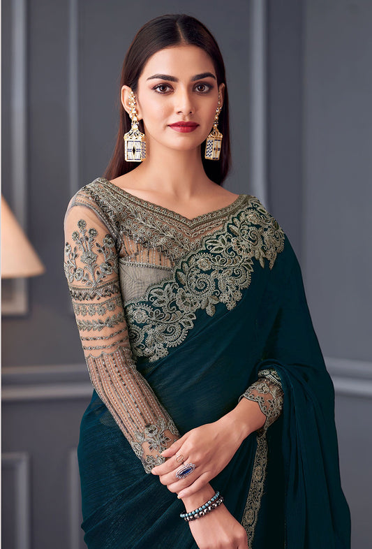 Dark Teal Georgette Embroidered Saree