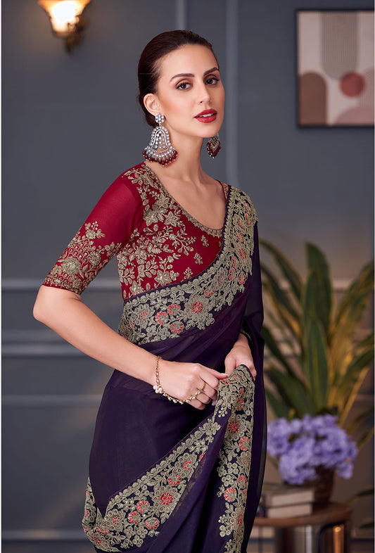 Dark Purple Georgette Embroidered Saree