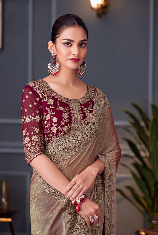 Brown Silk Sequins Embroidered Work Saree