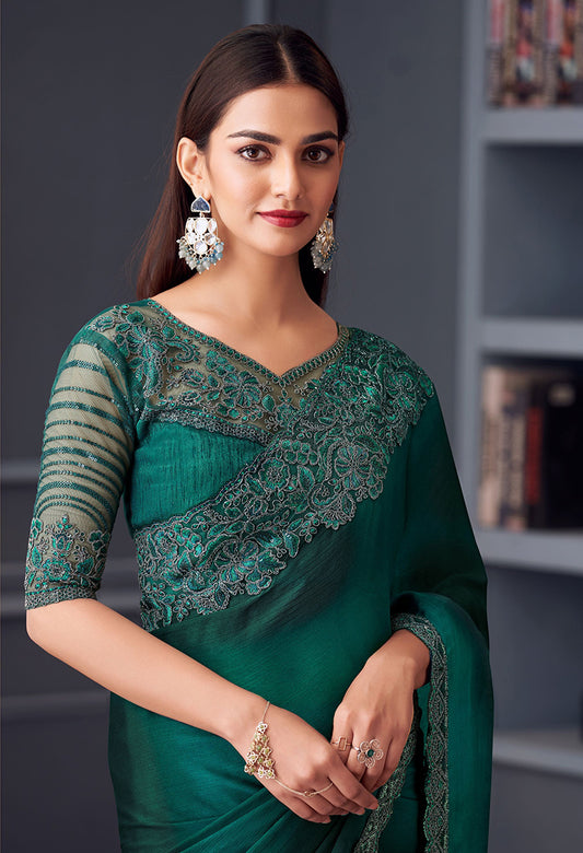 Dark Teal Chiffon Embroidered Designer Saree