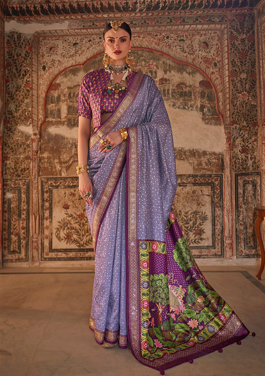 Lavender Viscose Silk Printed Traditional Saree