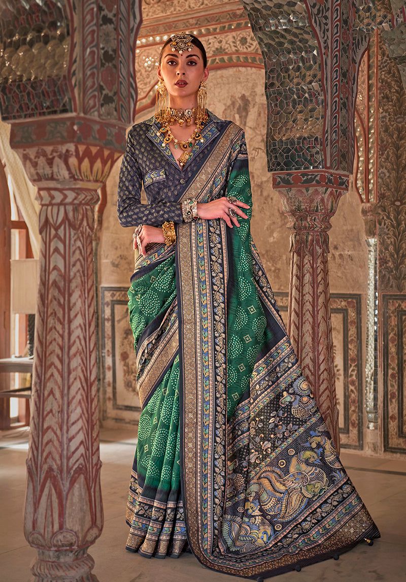 Teal Viscose Silk Printed Traditional Saree