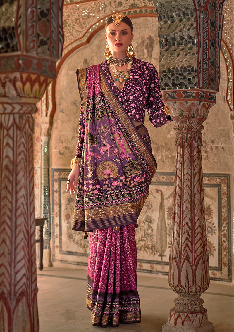 Magenta Viscose Silk Printed Traditional Saree