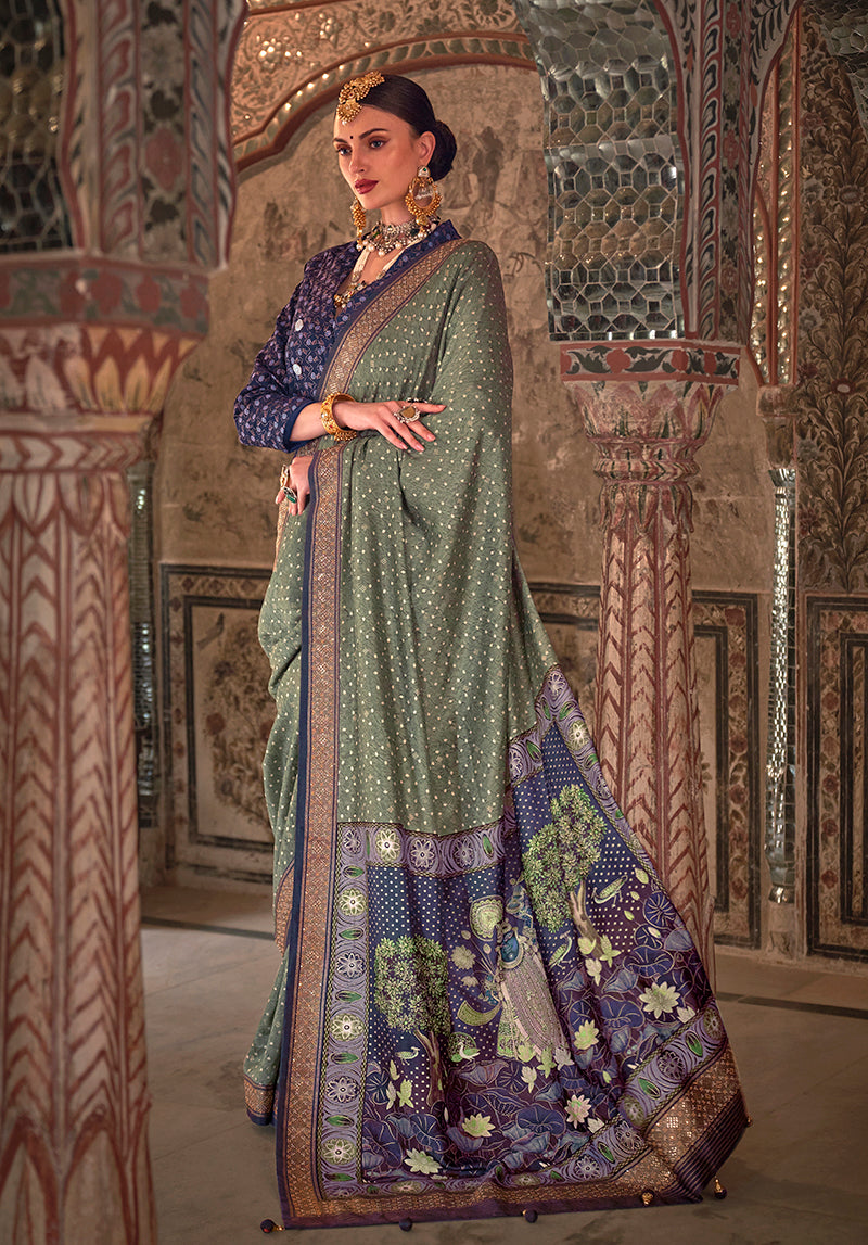 Sage Green Viscose Silk Printed Traditional Saree