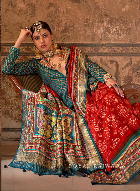 Cherry Red Viscose Silk Printed Traditional Saree