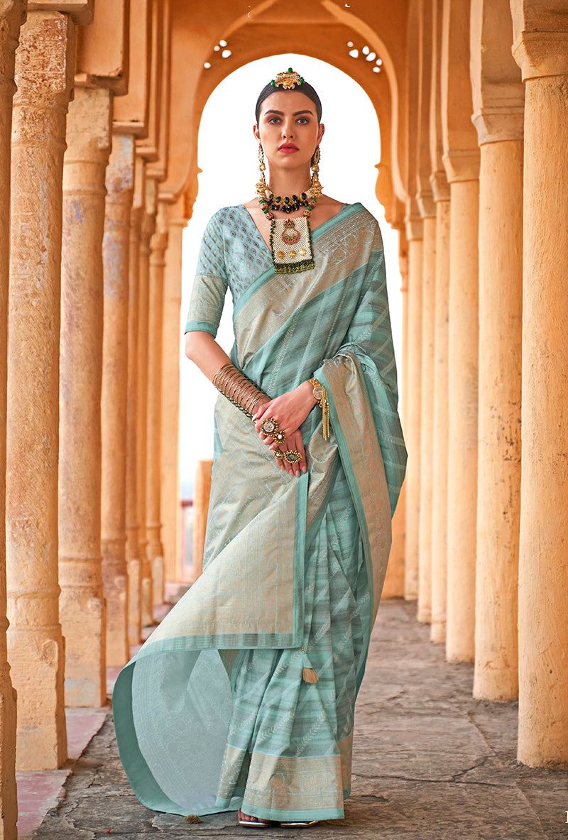 Turquoise Viscose Silk Foil Print Classic Saree