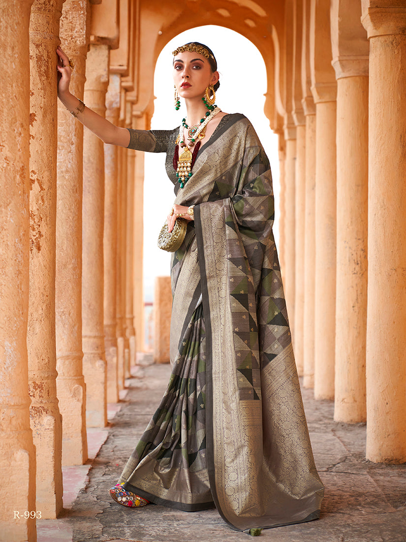 Dark Gray Colour Viscose Silk Foil Print Classic Saree