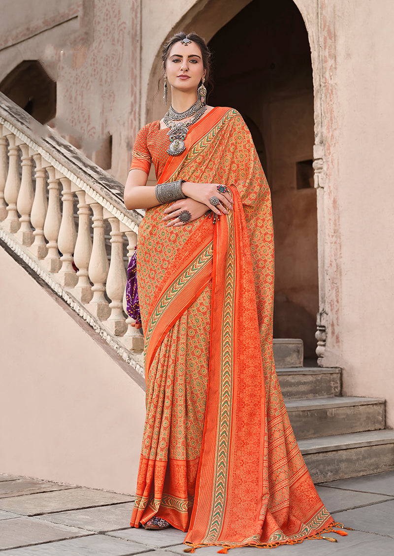 Orange Silk Patola Print Saree
