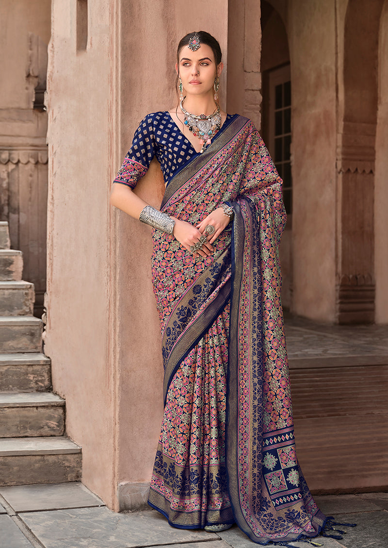 Navy Blue & Pink Silk Patola Print Saree