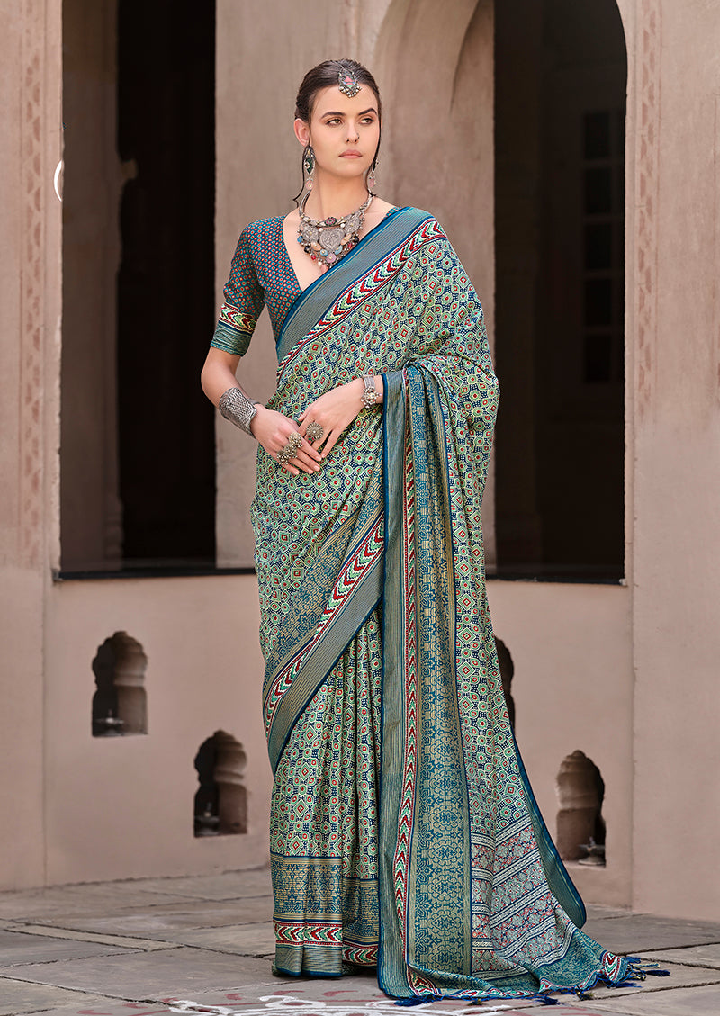 Teal Silk Patola Print Saree