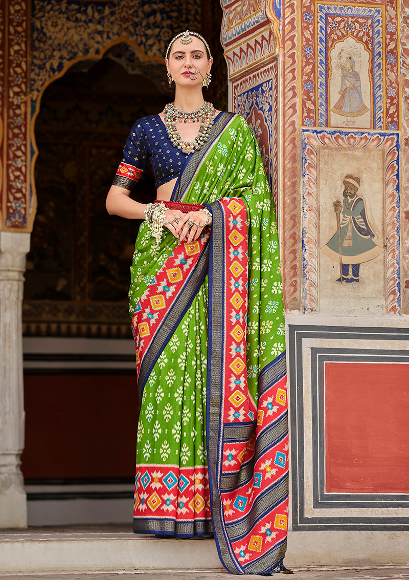Parrot Green Silk Patola Print Saree