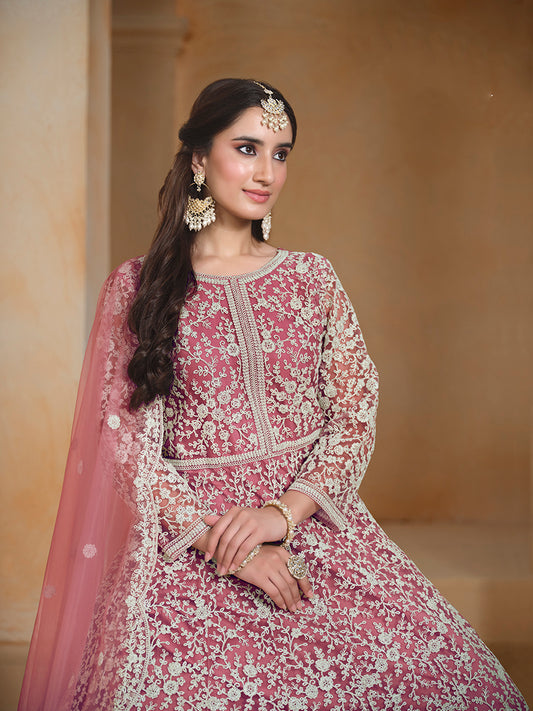 Pink Net Embroidered Trendy Wedding Season Anarkali Suit