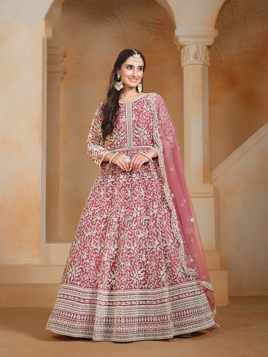 Pink Net Embroidered Trendy Wedding Season Anarkali Suit