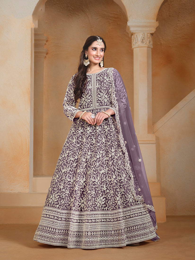 Purple Net Embroidered Trendy Wedding Season Anarkali Suit