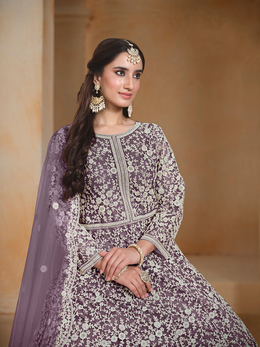 Purple Net Embroidered Trendy Wedding Season Anarkali Suit