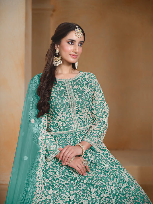 Turquoise Net Embroidered Trendy Wedding Season Anarkali Suit