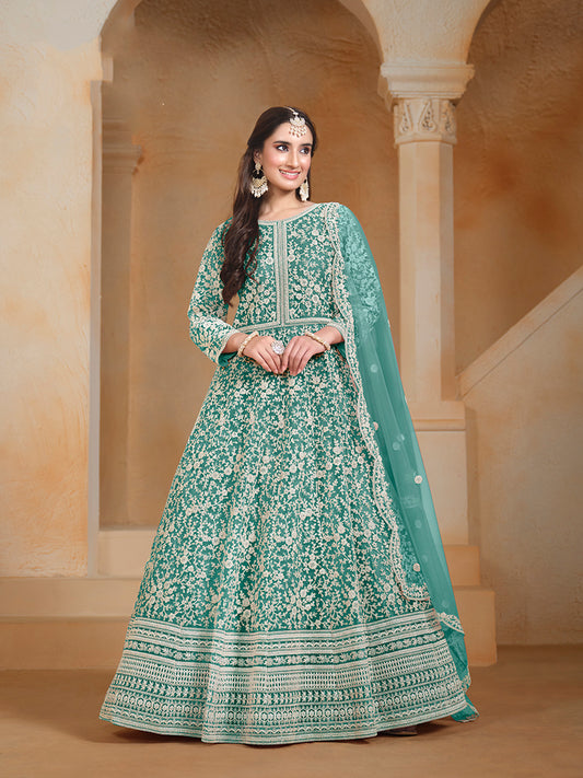 Turquoise Net Embroidered Trendy Wedding Season Anarkali Suit