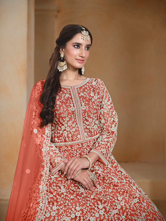 Rust Net Embroidered Trendy Wedding Season Anarkali Suit