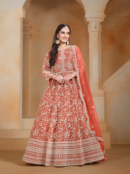 Rust Net Embroidered Trendy Wedding Season Anarkali Suit