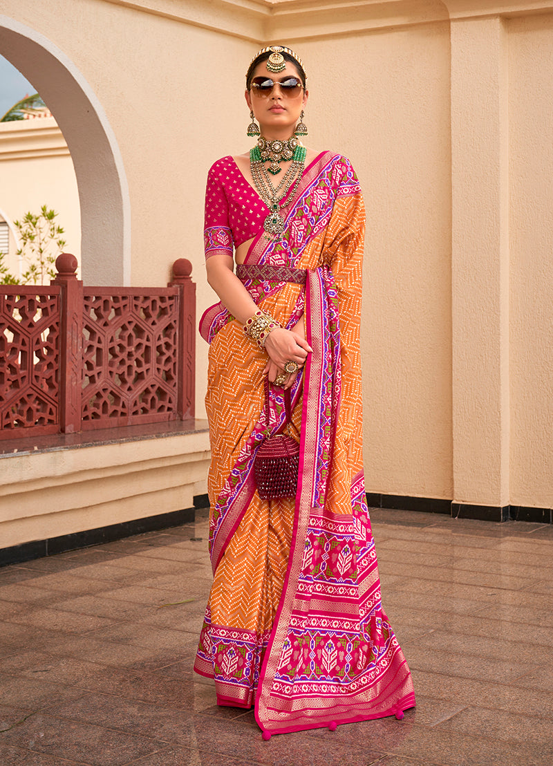 Orange Patola Print Zari Weaving Silk Saree