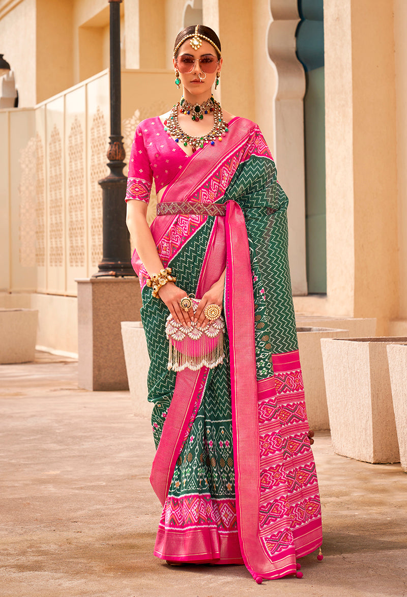 Dark Green Patola Print Zari Weaving Silk Saree