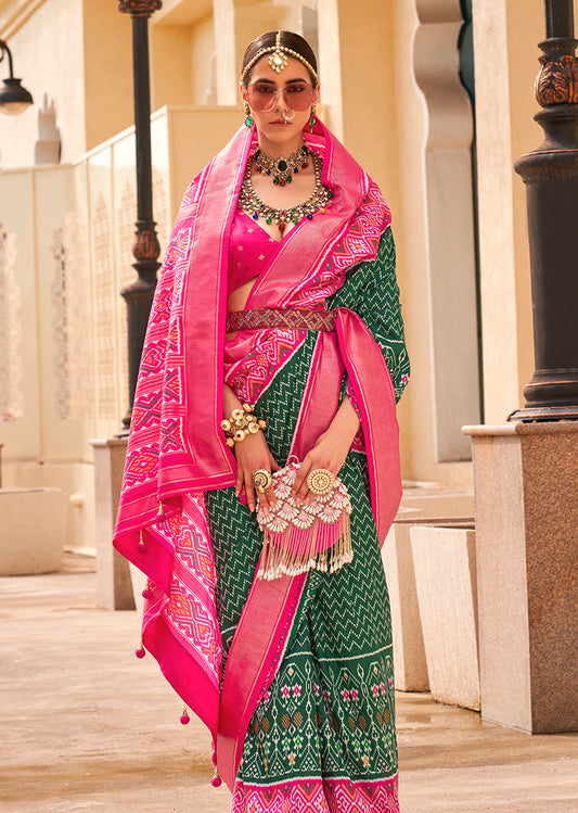 Dark Green Patola Print Zari Weaving Silk Saree