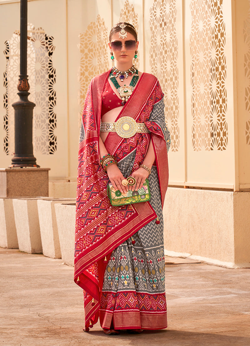 Gray Patola Print Zari Weaving Silk Saree