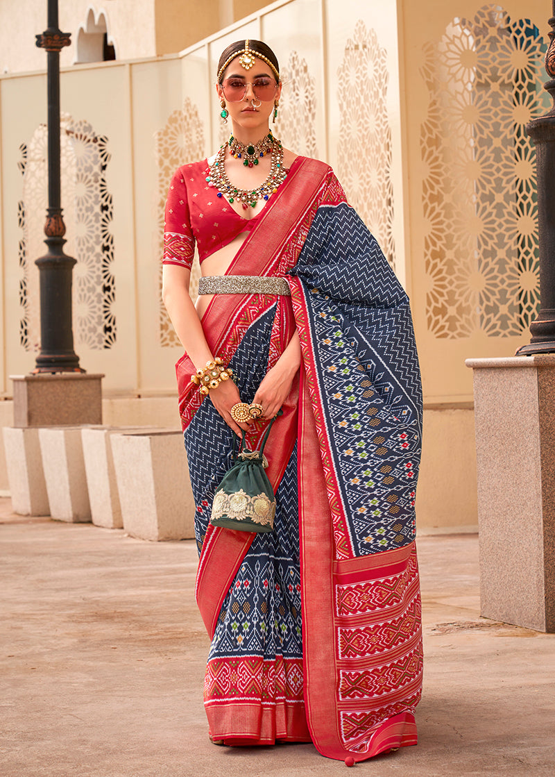 Navy Blue Patola Print Zari Weaving Silk Saree