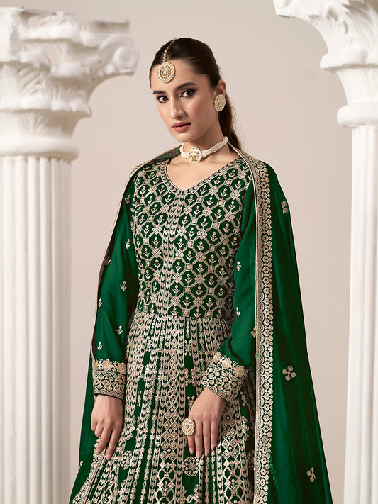 Dark Green Faux Georgette Embroidered Ceremonial Anarkali Suit