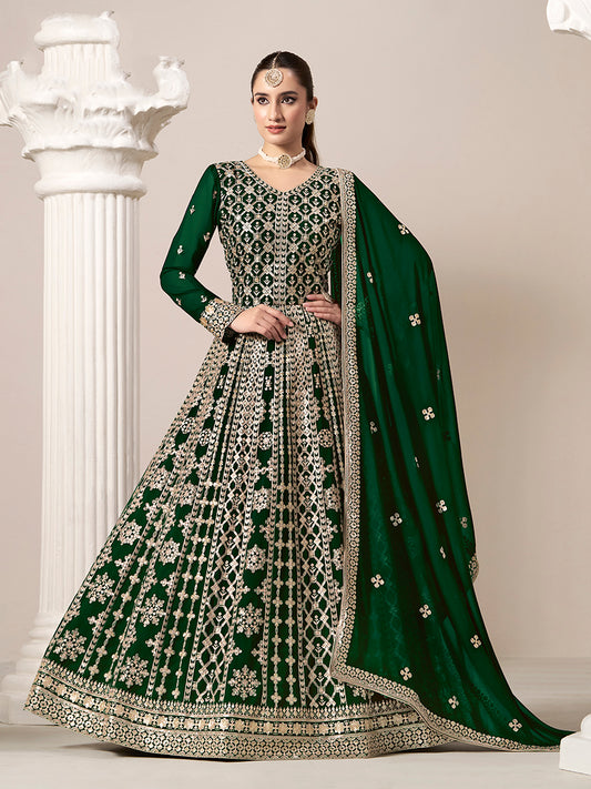 Dark Green Faux Georgette Embroidered Ceremonial Anarkali Suit