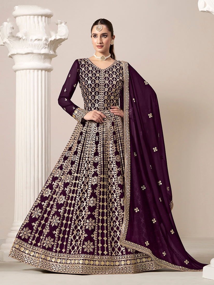 Dark Purple Faux Georgette Embroidered Ceremonial Anarkali Suit