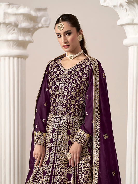 Dark Purple Faux Georgette Embroidered Ceremonial Anarkali Suit