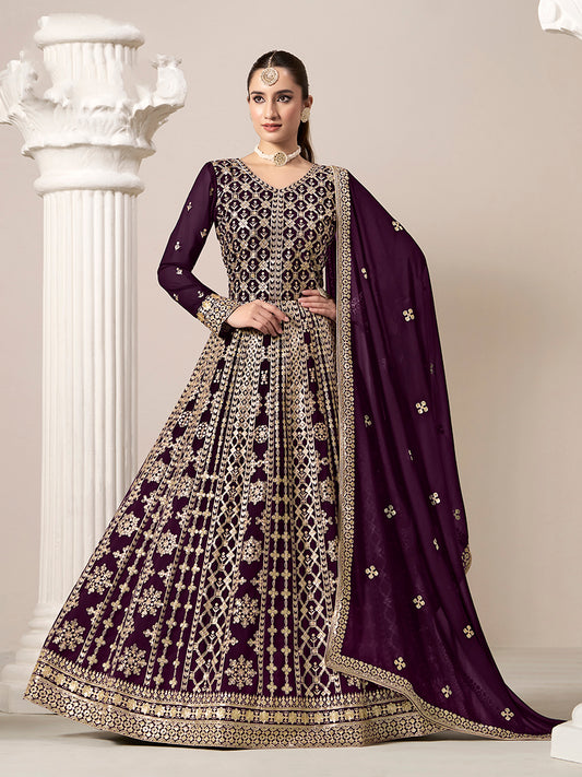 Dark Purple Faux Georgette Embroidered Ceremonial Anarkali Suit